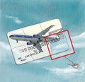 Bonus miles. Bank card with an airplane puzzle. Illustration on watercolor paper texture background