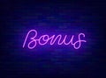 Bonus neon lettering. Casino win, jackpot. Shiny calligraphy. Glowing quote. Outer glowing effect. Vector illustration Royalty Free Stock Photo