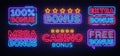 Bonus Neon Text collection Vector. Bonus Casino neon sign, design template, modern trend design, night neon signboard