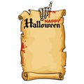 Bony hand of skeleton holds old paper scroll, text Happy Halloween. Vector.