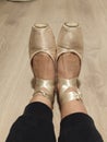 Bony and strong ballerina feet in pointe shoes Royalty Free Stock Photo