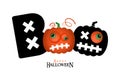 Boo. Halloween banner with cartoon pumpkins. Lettering, poster, card or invitation design concept.