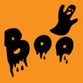 Boo Halloween text banner. Halloween greeting card with ghost and bloody letters. Trendy lettering template. Vector eps 10