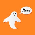 Boo hand lettering with cute cartoon ghost on orange background. Easy to edit vector template for Halloween greeting card, banner