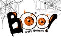 Boo. Happy Halloween banner background, lettering with orange eyes. Scary cobweb spiderweb and spider. Poster, card Royalty Free Stock Photo