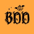 Boo letters Halloween card or tshirt design with spooky flying pumpkin bat decoration