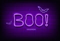 Boo message and bat neon light purple, happy halloween concept design,on block wall black background