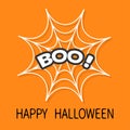 Boo text. Spider round web. Cobweb white. Decoration element. Happy Halloween card. Flat design. Orange background. Royalty Free Stock Photo