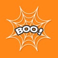 Boo text. Spider round web. Cobweb white. Decoration element. Happy Halloween Greeting card. Flat design. Orange background. Royalty Free Stock Photo