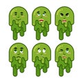 Booger emotions set. Cheerful and sad snot. Evil and good of snivel. Green slime lump