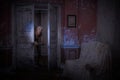 Boogeymen monster creeping through doorway in old abandoned haunted house. Halloween horror concept 3d illustration