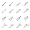 Mechanic tool, tool construction, hand tool, craft tool, DIY tool icon set. Thin line style stock vector.