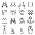 Winter clothes, Warm clothes  isolated line icons set. Thin Line Style stock vector. Royalty Free Stock Photo