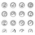 Meter Black icons set. Symbols of speedometers, manometers, tachometers etc. Line Style stock vector. Royalty Free Stock Photo