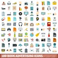 100 book advertising icons set, flat style