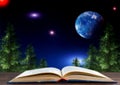 A book against the backdrop of a landscape with coniferous trees and the night sky with stars