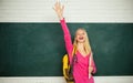 Book. Back to school. Portrait of young female in classroom. Confident in her knowledge. College female student is Royalty Free Stock Photo