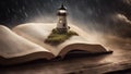 book on the background A big storm on top of the pages of a Bible with a bright lighthouse