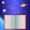 Book on the background of space among planets, stars, comets and meteorites Royalty Free Stock Photo