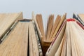 Book background. Stack of books in the library. Old yellow pages of paper books. Learning and knowledge Royalty Free Stock Photo