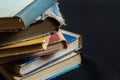 Book background. Stack of books in the library. Old yellow pages of paper books. Learning and knowledge Royalty Free Stock Photo