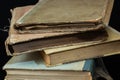 Book background. Stack of books in the library. Old yellow pages of paper books. Learning and knowledge Royalty Free Stock Photo