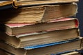 Book background. Stack of books in the library. Old yellow pages of paper books. Learning and knowledge Royalty Free Stock Photo