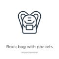 Book bag with pockets icon. Thin linear book bag with pockets outline icon isolated on white background from airport terminal
