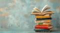 Book balancing on colorful book stack, resting against textured blue surface, symbolizing educational journey and Royalty Free Stock Photo