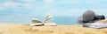 Book on beach with sea in background