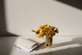 A book and a bunch of yellow dandelions.  Still life with wild flowers.  Play of light and shadow. Summer floral background Royalty Free Stock Photo