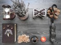 Book with burning candles on the boards. Mystic still life with terrible occult objects horror Halloween and the concept of black Royalty Free Stock Photo