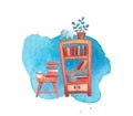 Book cabinet and table watercolor illustration on white background. Living room or library interior Royalty Free Stock Photo