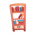 Book cabinet watercolor illustration on white background. Vintage bookshelf with book row and pile