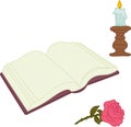 Book, candle and rose, isolated on white