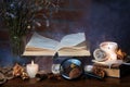 Book, candles, smoke. Mysterious dark still life. Dried flowers, rose petals. Fairy atmosphere Royalty Free Stock Photo