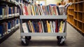 A book cart filled with novels in a school library one created with generative AI