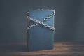 Book chained with lock on wooden table Royalty Free Stock Photo