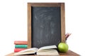 Book, chalk board and pencils. Back to school Royalty Free Stock Photo