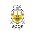 Book club logo design, heraldic shield with open book, badge for for bookstore, university, library, book festival