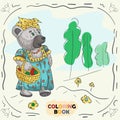 Book color contour illustration for small children in the style of doodle Teddy bear girl in the national Russian costume