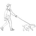 Man walking a mini pig. Vector isolated object on white background. Book coloring for children