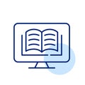Book on computer monitor. E-library access, virtual learning and reading. Pixel perfect, editable stroke icon
