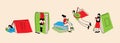 Book concepts set. Happy readers reading books and flying, laying , sitting everywhere. Flat trendy retro vector