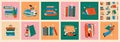 Book concepts set. Happy readers reading books and flying, laying , sitting everywhere. Flat trendy retro vector Royalty Free Stock Photo