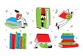 Book concepts set. Happy readers reading books and flying, laying , sitting everywhere. Flat trendy retro vector