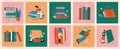 Book concepts set. Happy readers reading books and flying, laying , sitting everywhere. Flat trendy retro vector Royalty Free Stock Photo