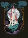 Book cover fairy tale illustration castle and dragon in front of night sky and moon