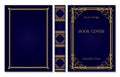 Book Cover And Spine Ornament. Vintage Old Frames. Royal Golden And Dark Blue Style Design. Border To Be Printed On The Covers Of