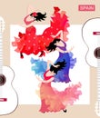 Book cover with three spanish girls dancing flamenco. Silhouettes of white guitars